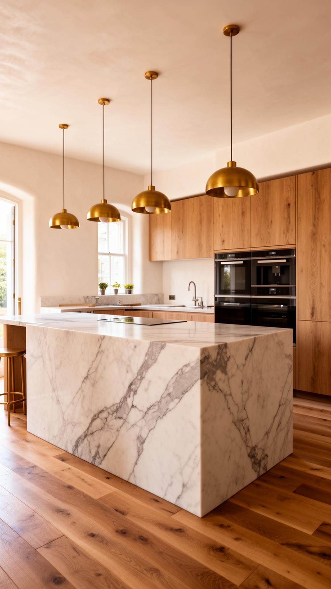 Luxury custom kitchen with marble waterfall island and brass pendants